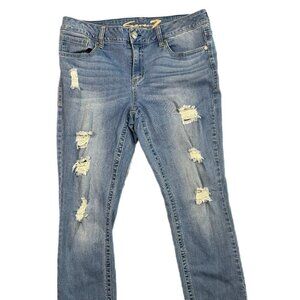 Seven7 Slim Straight Blue Light Wash Five Pocket Distressed Raw Hem Skinny Jean